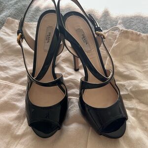 Prada Black Patent Leather Heels with Gold Buckle